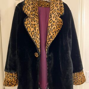 Betmar New York Coat Made In USA Vintage Faux Fur Animal Print Black--Size M